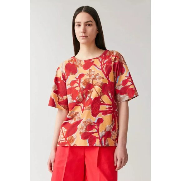 COS Red Patterned Cotton Short Sleeve Blouse Top, Size 2 - Picture 1 of 4